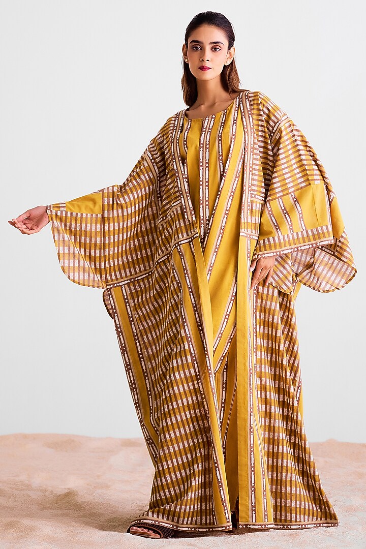 Mustard & Golden Brown Cotton Hand Block Printed Kimono Vacation Dress With Jumpsuit by Cotton and Clay at Pernia's Pop Up Shop