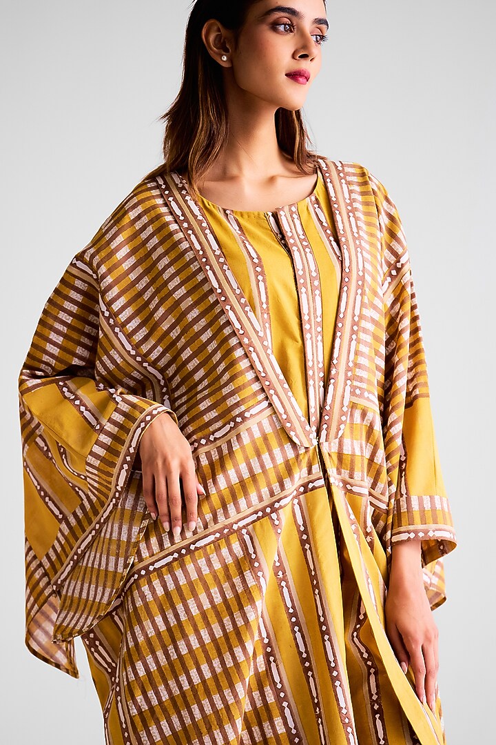 Mustard & Golden Brown Cotton Hand Block Printed Kimono Vacation Dress With Jumpsuit by Cotton and Clay at Pernia's Pop Up Shop
