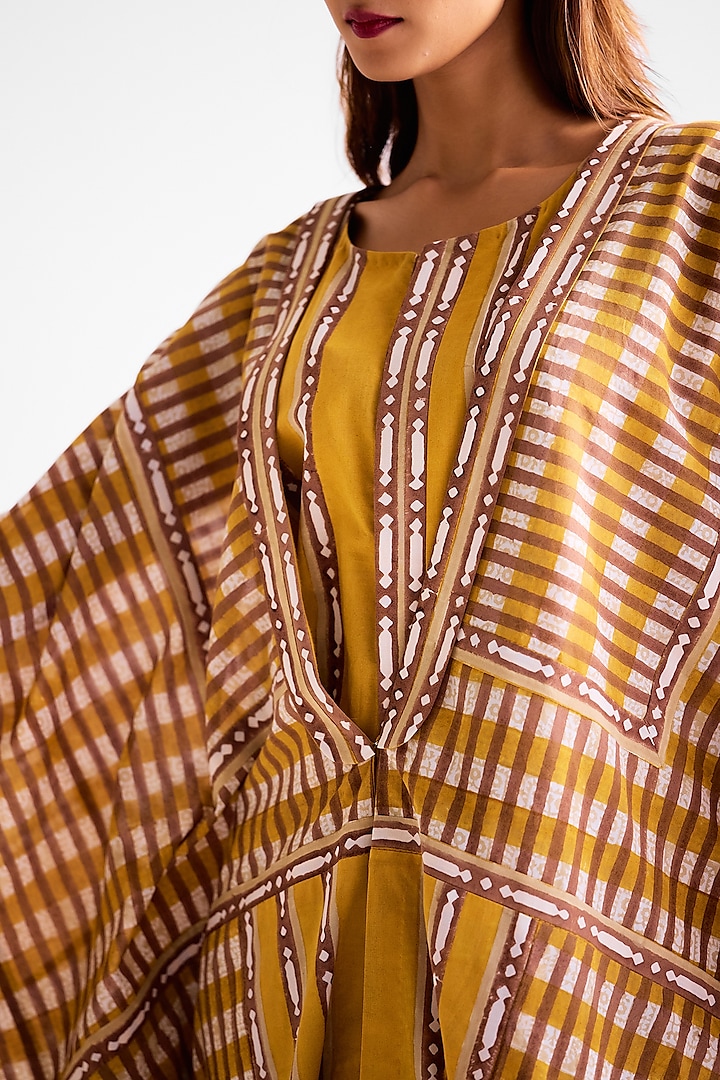 Mustard & Golden Brown Cotton Hand Block Printed Kimono Vacation Dress With Jumpsuit by Cotton and Clay at Pernia's Pop Up Shop