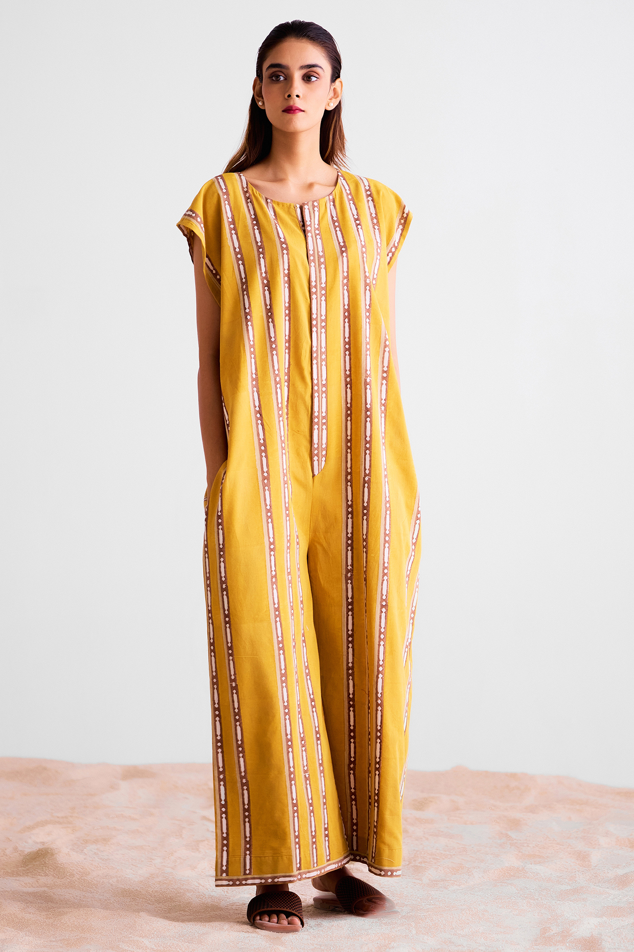 Mustard & Golden Brown Cotton Hand Block Printed Jumpsuit by Cotton and Clay at Pernia's Pop Up Shop