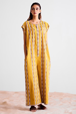 Mustard & Golden Brown Cotton Hand Block Printed Jumpsuit by Cotton and Clay