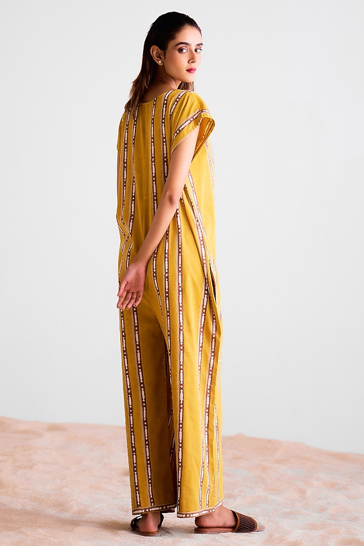 Mustard & Golden Brown Cotton Hand Block Printed Jumpsuit by Cotton and Clay at Pernia's Pop Up Shop