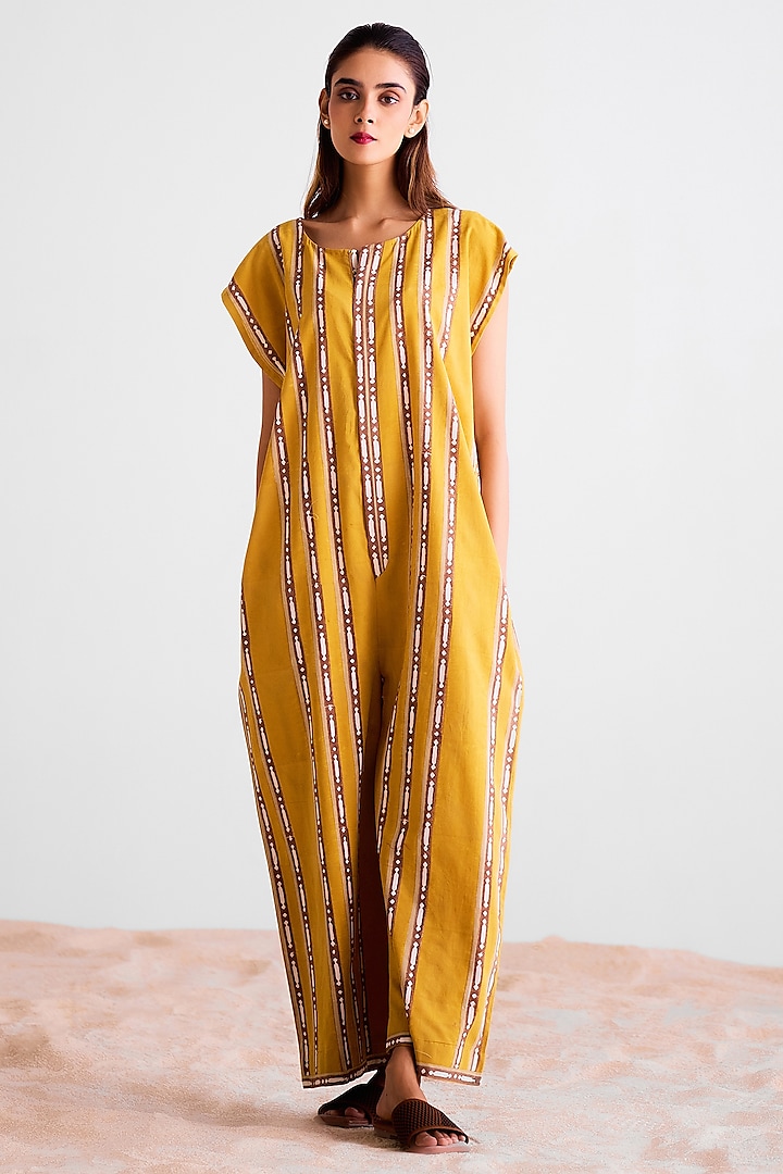 Mustard & Golden Brown Cotton Hand Block Printed Jumpsuit by Cotton and Clay at Pernia's Pop Up Shop