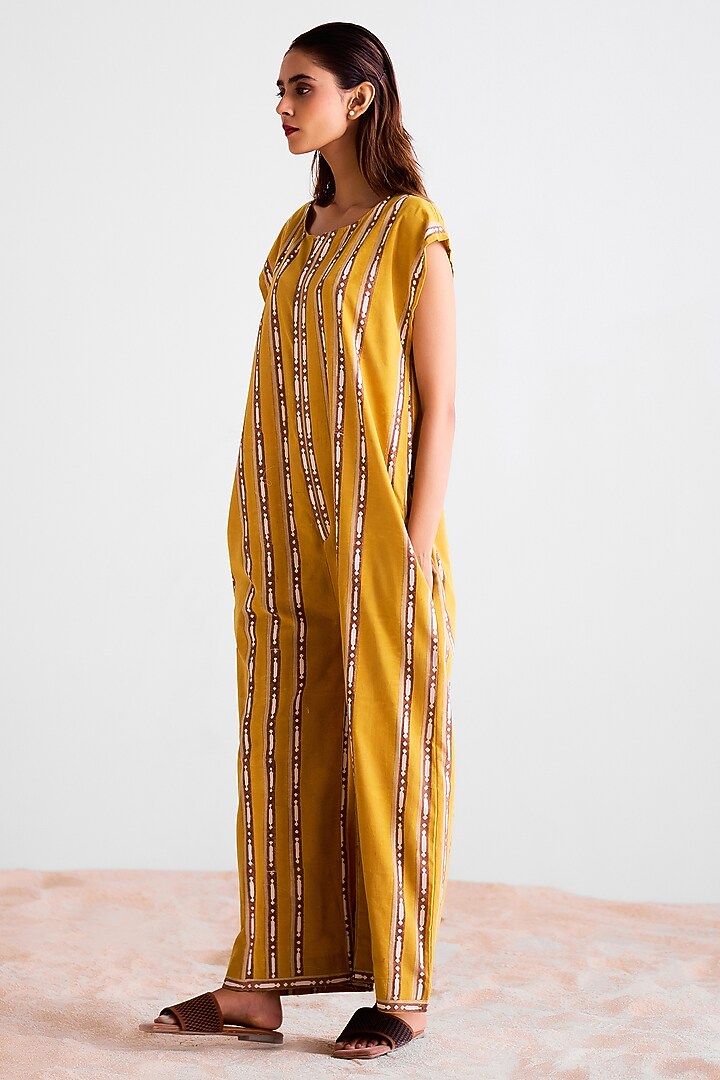 Mustard & Golden Brown Cotton Hand Block Printed Jumpsuit by Cotton and Clay at Pernia's Pop Up Shop