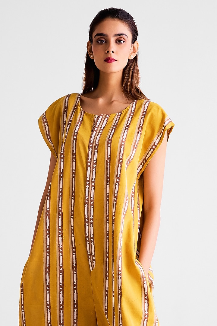 Mustard & Golden Brown Cotton Hand Block Printed Jumpsuit by Cotton and Clay at Pernia's Pop Up Shop