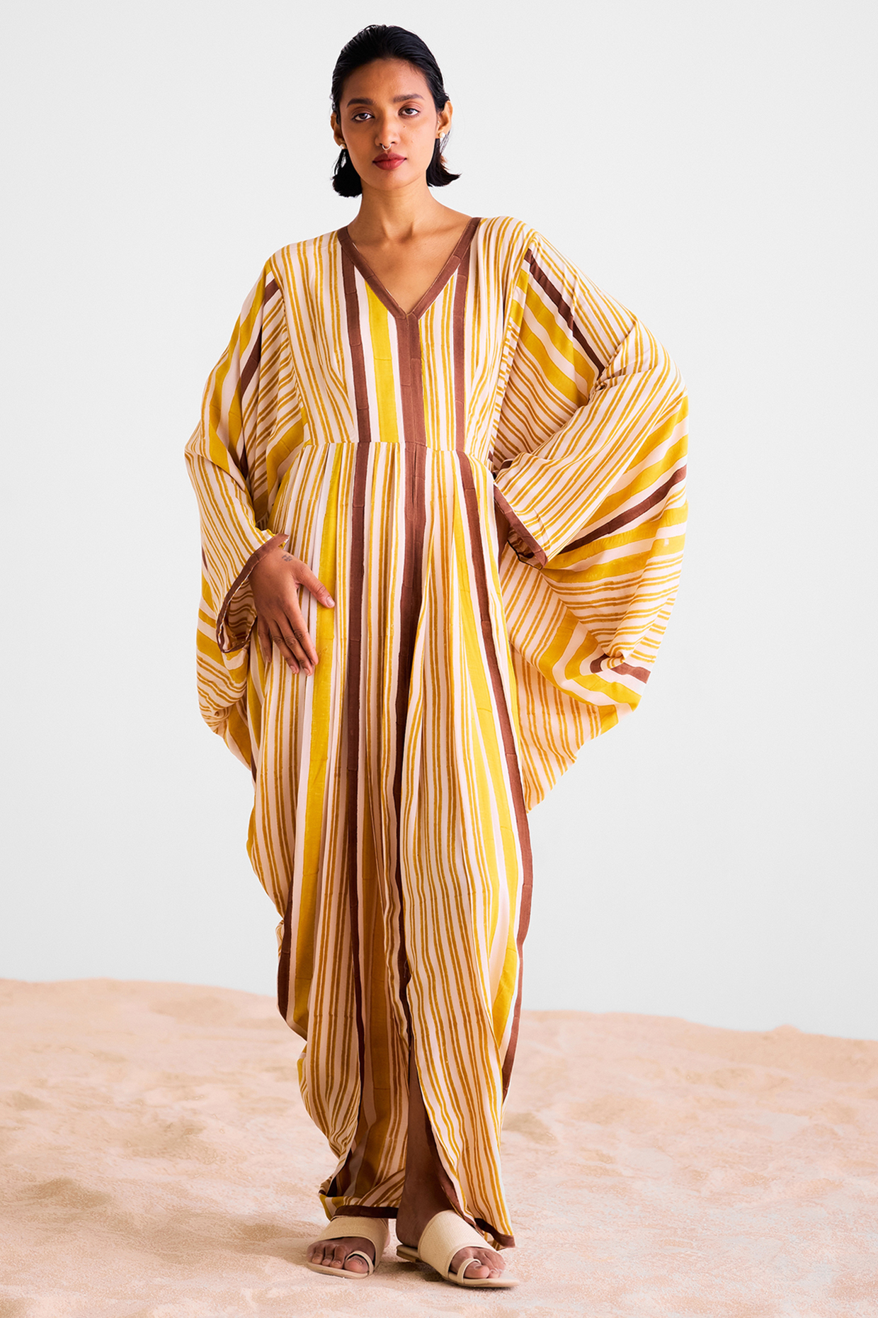 Off-White & Brown Cotton Silk Hand Block Printed Pleated Kaftan Summer Dress by Cotton and Clay at Pernia's Pop Up Shop