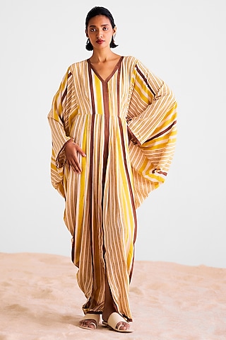 Off-White & Brown Cotton Silk Hand Block Printed Pleated Kaftan Dress by Cotton and Clay