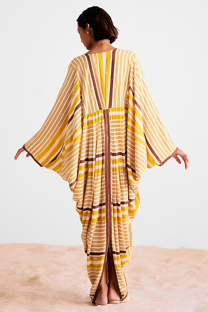 Off-White & Brown Cotton Silk Hand Block Printed Pleated Kaftan Summer Dress by Cotton and Clay at Pernia's Pop Up Shop