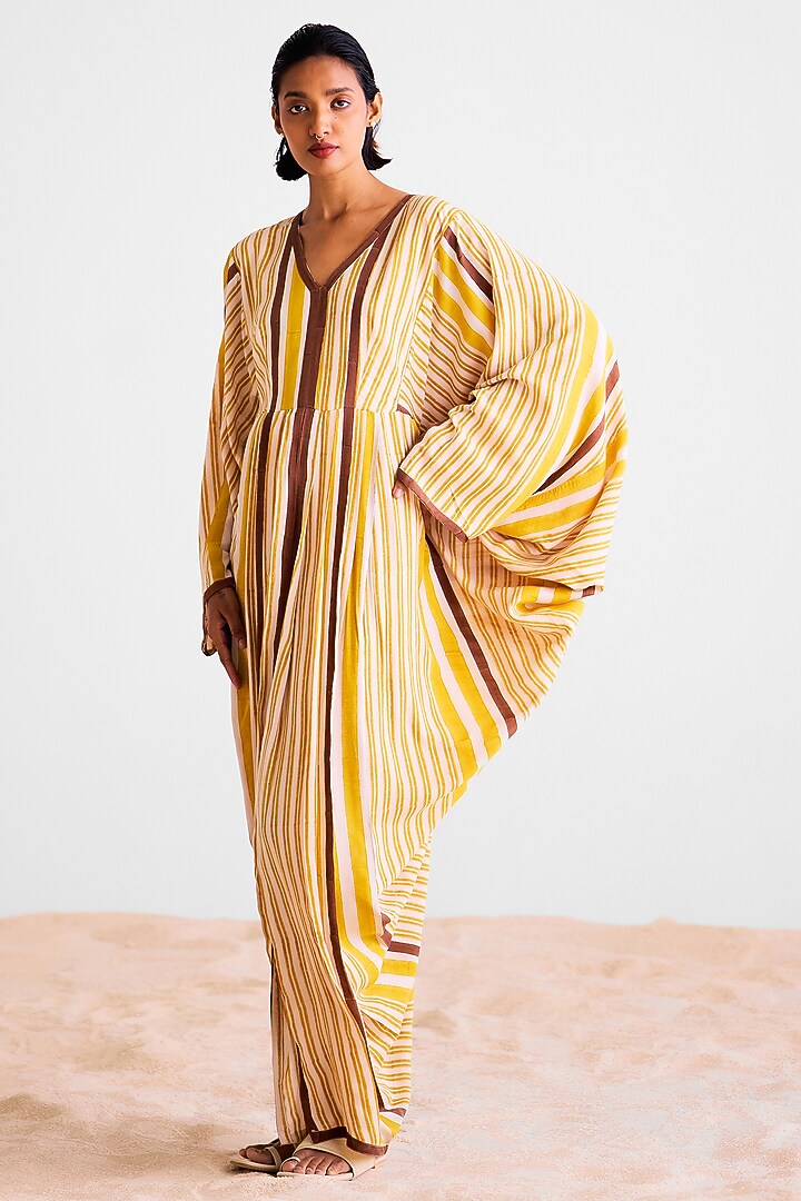 Off-White & Brown Cotton Silk Hand Block Printed Pleated Kaftan Summer Dress by Cotton and Clay at Pernia's Pop Up Shop