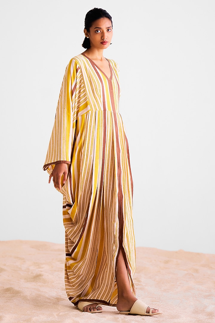 Off-White & Brown Cotton Silk Hand Block Printed Pleated Kaftan Summer Dress by Cotton and Clay at Pernia's Pop Up Shop