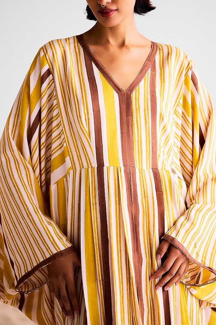 Off-White & Brown Cotton Silk Hand Block Printed Pleated Kaftan Summer Dress by Cotton and Clay at Pernia's Pop Up Shop