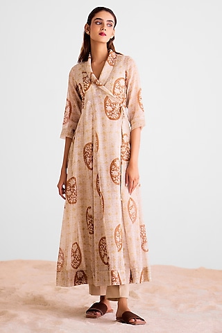 Natural Brown Kota Doria Cotton Hand Block Printed Angrakha Kurta Set by Cotton and Clay