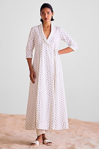 White Cotton Hand Block Printed Angrakha Kurta Set by Cotton and Clay