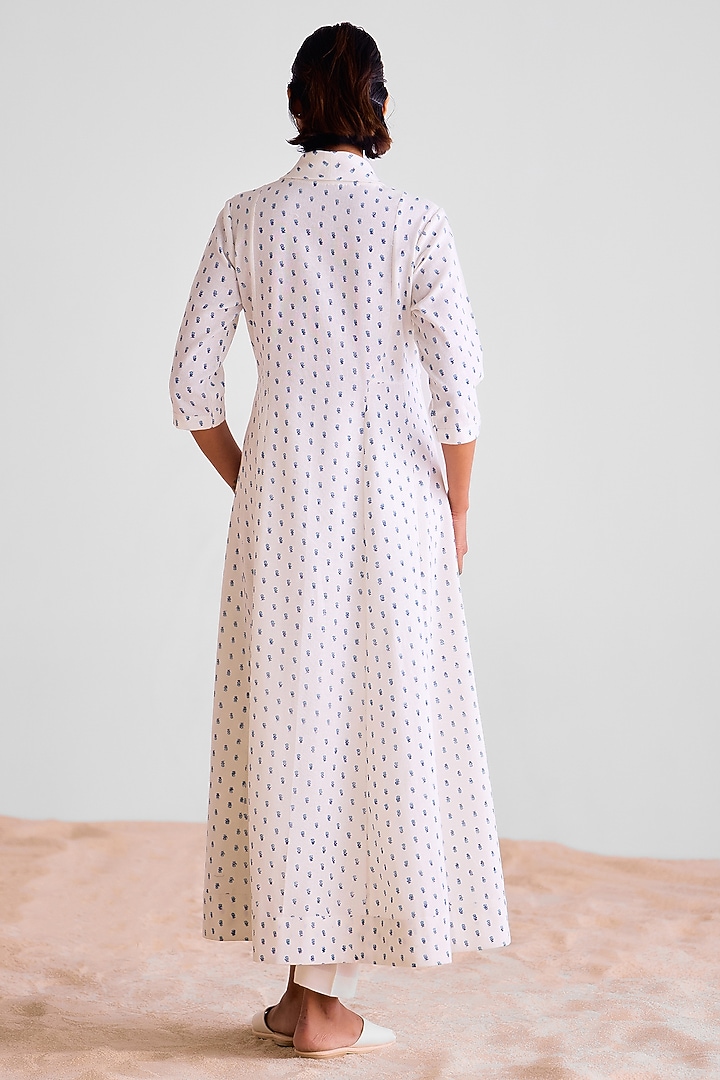 White Cotton Hand Block Printed Angrakha Kurta Set by Cotton and Clay at Pernia's Pop Up Shop