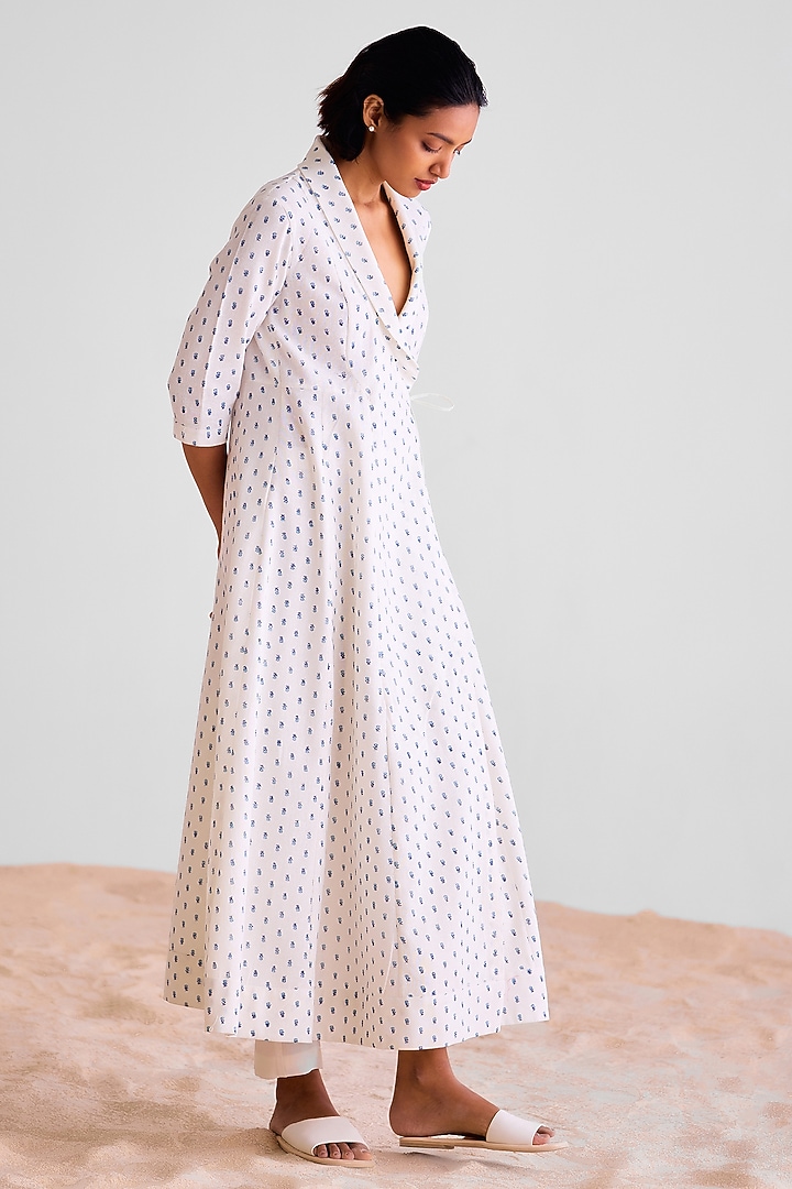 White Cotton Hand Block Printed Angrakha Kurta Set by Cotton and Clay at Pernia's Pop Up Shop