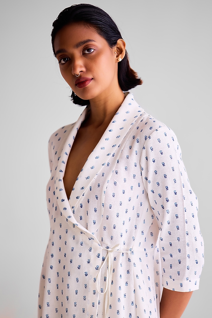 White Cotton Hand Block Printed Angrakha Kurta Set by Cotton and Clay at Pernia's Pop Up Shop