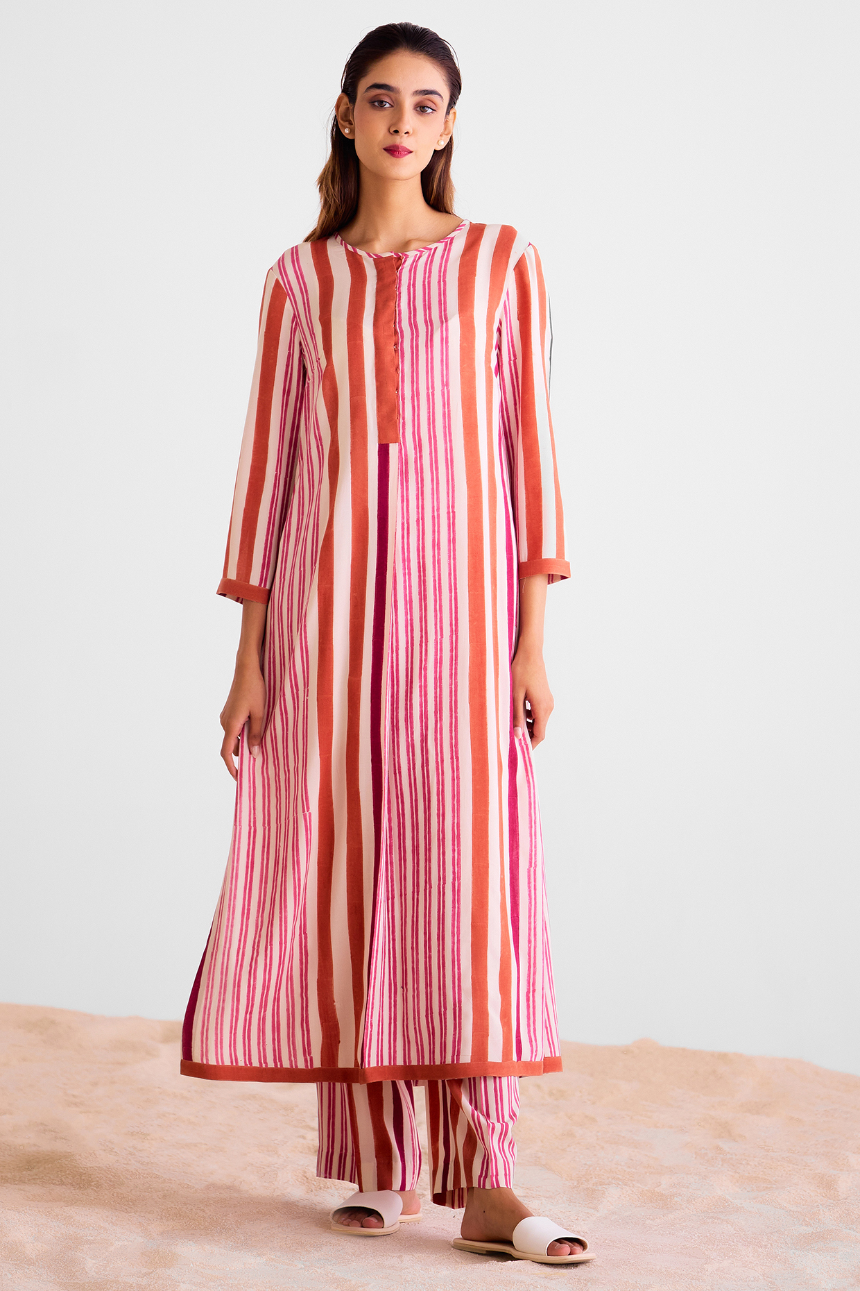 Off-White & Coral Cotton Silk Hand Block Printed Kurta Set by Cotton and Clay at Pernia's Pop Up Shop