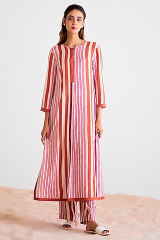 Off-White & Coral Cotton Silk Hand Block Printed Kurta Set by Cotton and Clay