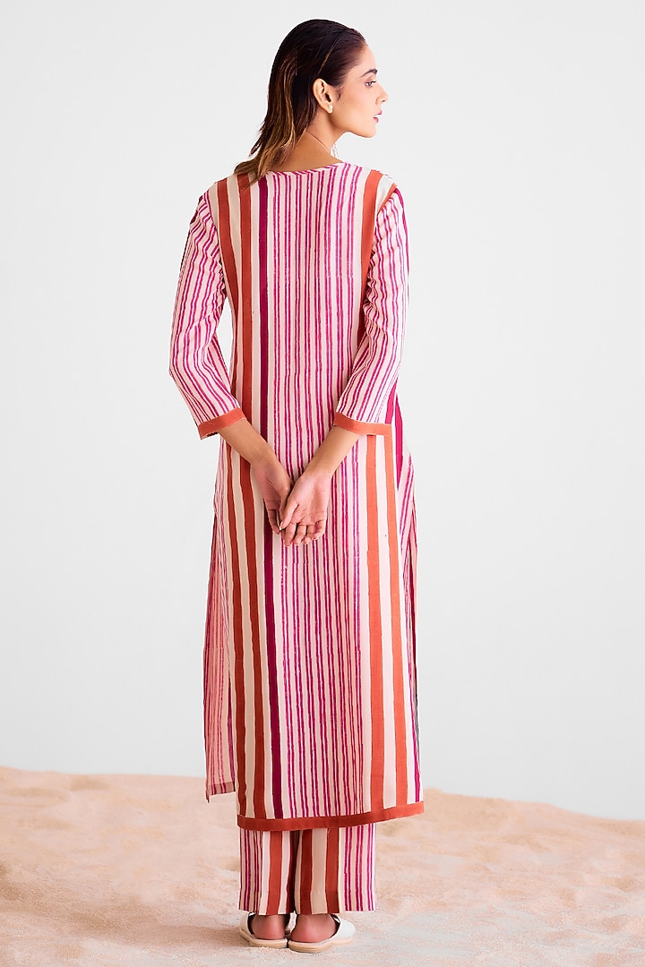 Off-White & Coral Cotton Silk Hand Block Printed Kurta Set by Cotton and Clay at Pernia's Pop Up Shop