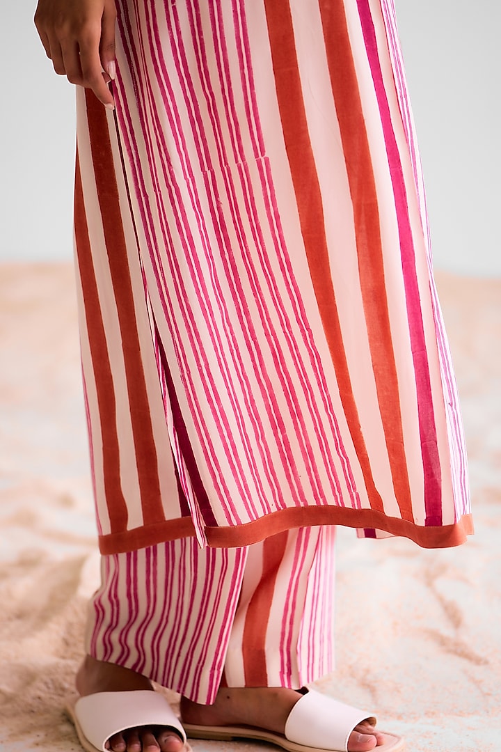 Off-White & Coral Cotton Silk Hand Block Printed Kurta Set by Cotton and Clay at Pernia's Pop Up Shop