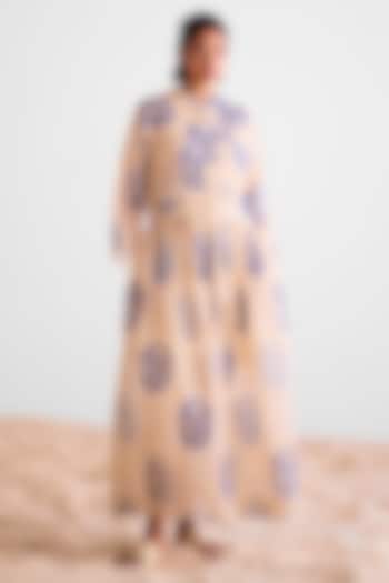 Natural Beige & Blue Kota Doria Hand Block Printed Kurta Set by Cotton and Clay at Pernia's Pop Up Shop