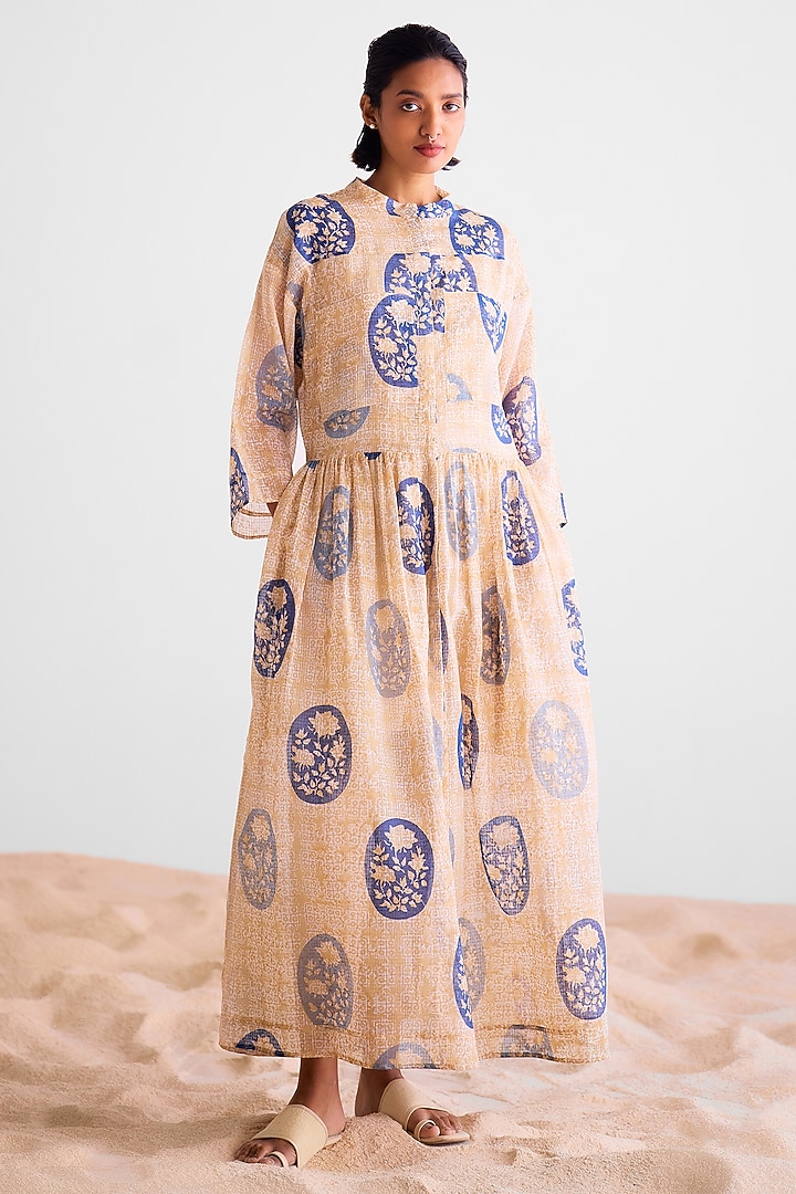Natural Beige & Blue Kota Doria Hand Block Printed Kurta Set by Cotton and Clay at Pernia's Pop Up Shop