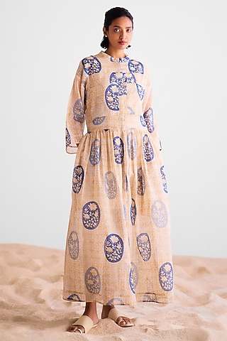 Natural Beige & Blue Kota Doria Hand Block Printed Kurta Set by Cotton and Clay