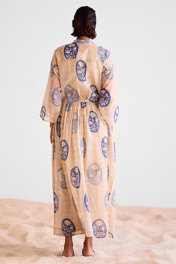 Natural Beige & Blue Kota Doria Hand Block Printed Kurta Set by Cotton and Clay at Pernia's Pop Up Shop