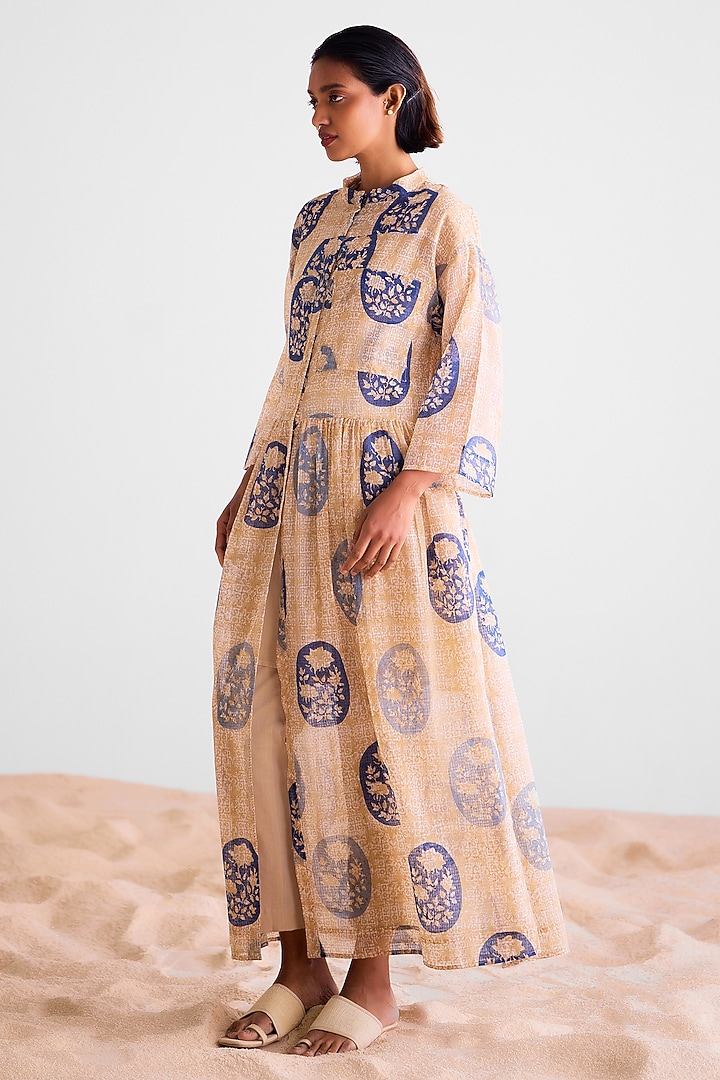 Natural Beige & Blue Kota Doria Hand Block Printed Kurta Set by Cotton and Clay at Pernia's Pop Up Shop