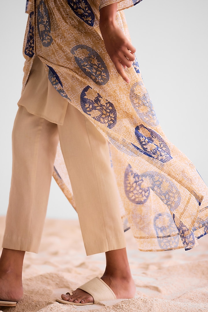 Natural Beige & Blue Kota Doria Hand Block Printed Kurta Set by Cotton and Clay at Pernia's Pop Up Shop