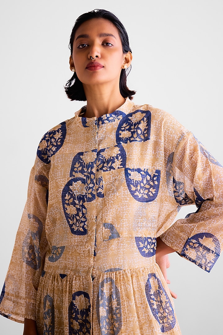 Natural Beige & Blue Kota Doria Hand Block Printed Kurta Set by Cotton and Clay at Pernia's Pop Up Shop