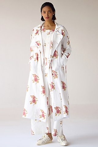 White Cotton Hand Block Printed Jumpsuit With Jacket by Cotton and Clay