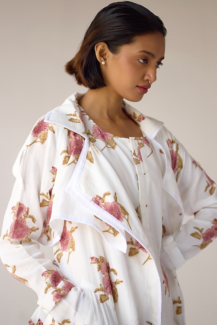 White Cotton Hand Block Printed Jumpsuit With Jacket by Cotton and Clay at Pernia's Pop Up Shop
