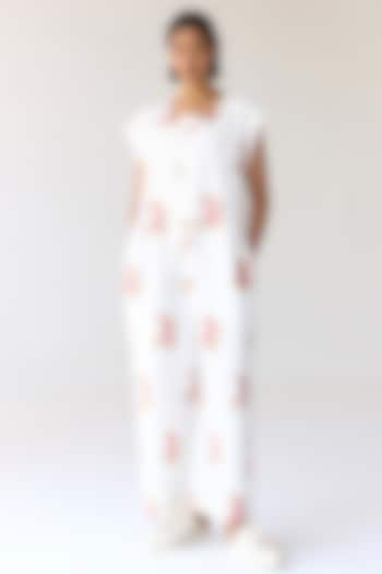 White Cotton Hand Block Printed Jumpsuit by Cotton and Clay at Pernia's Pop Up Shop