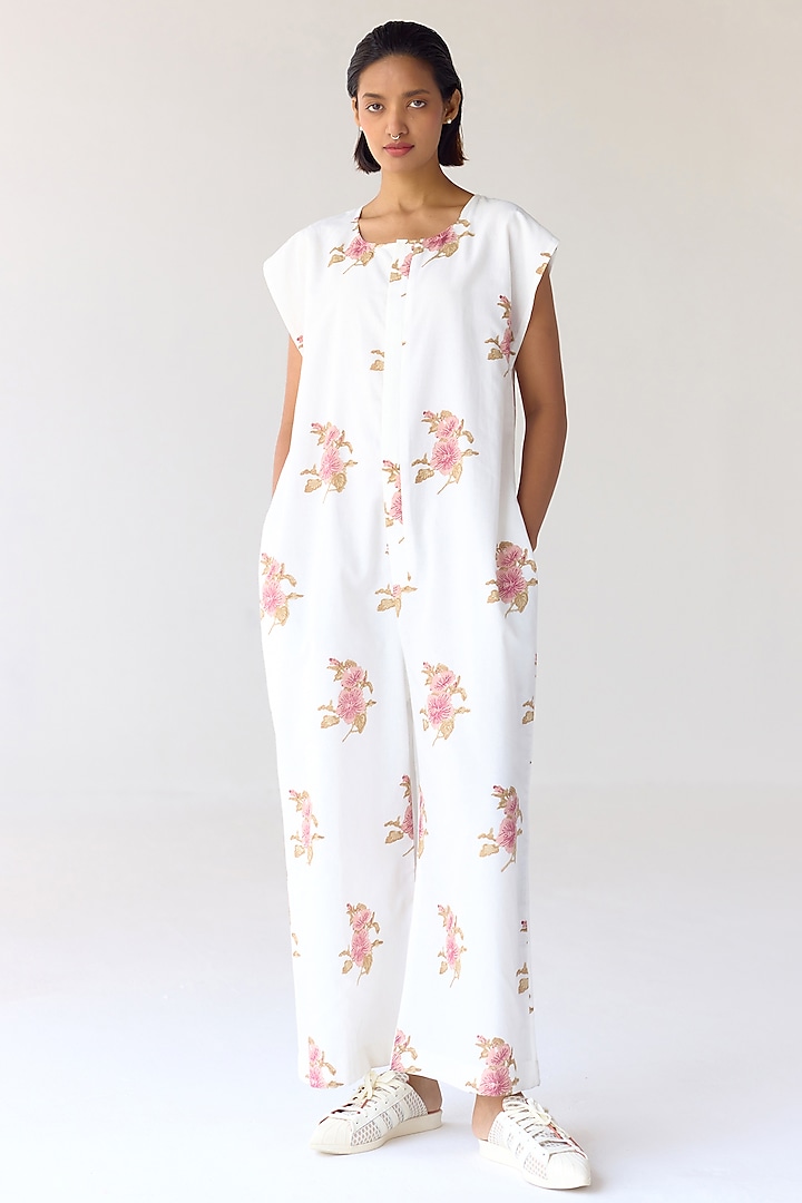 White Cotton Hand Block Printed Jumpsuit by Cotton and Clay at Pernia's Pop Up Shop