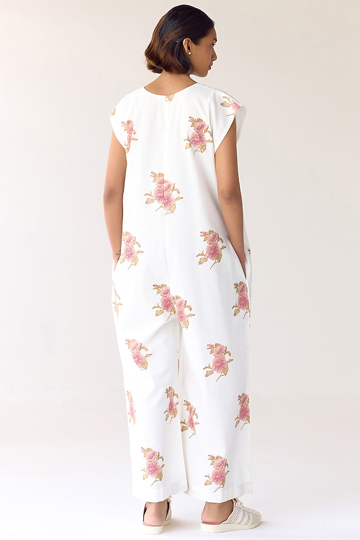 White Cotton Hand Block Printed Jumpsuit by Cotton and Clay at Pernia's Pop Up Shop