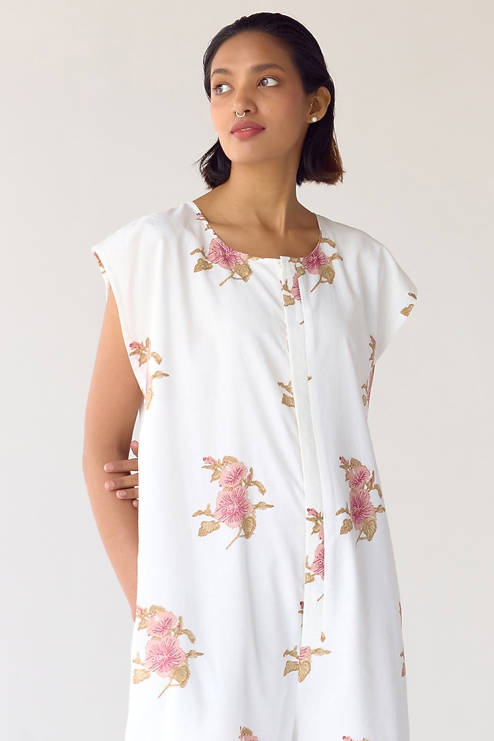 White Cotton Hand Block Printed Jumpsuit by Cotton and Clay at Pernia's Pop Up Shop