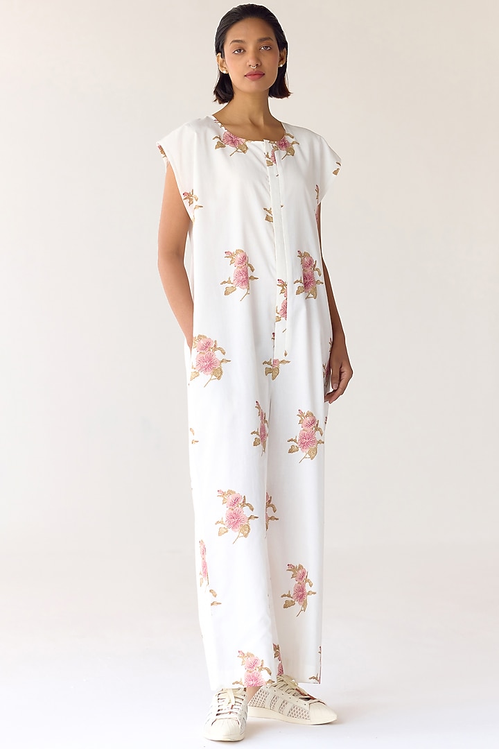 White Cotton Hand Block Printed Jumpsuit by Cotton and Clay at Pernia's Pop Up Shop