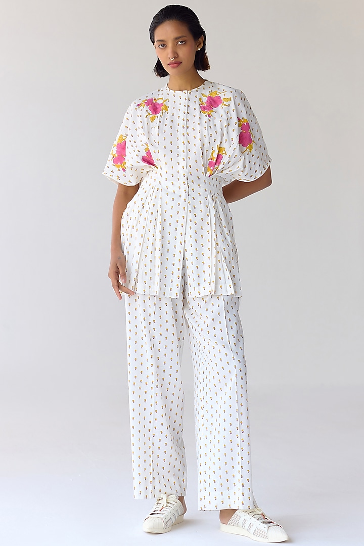 White Modal Hand Block Printed Co-Ord Set by Cotton and Clay at Pernia's Pop Up Shop