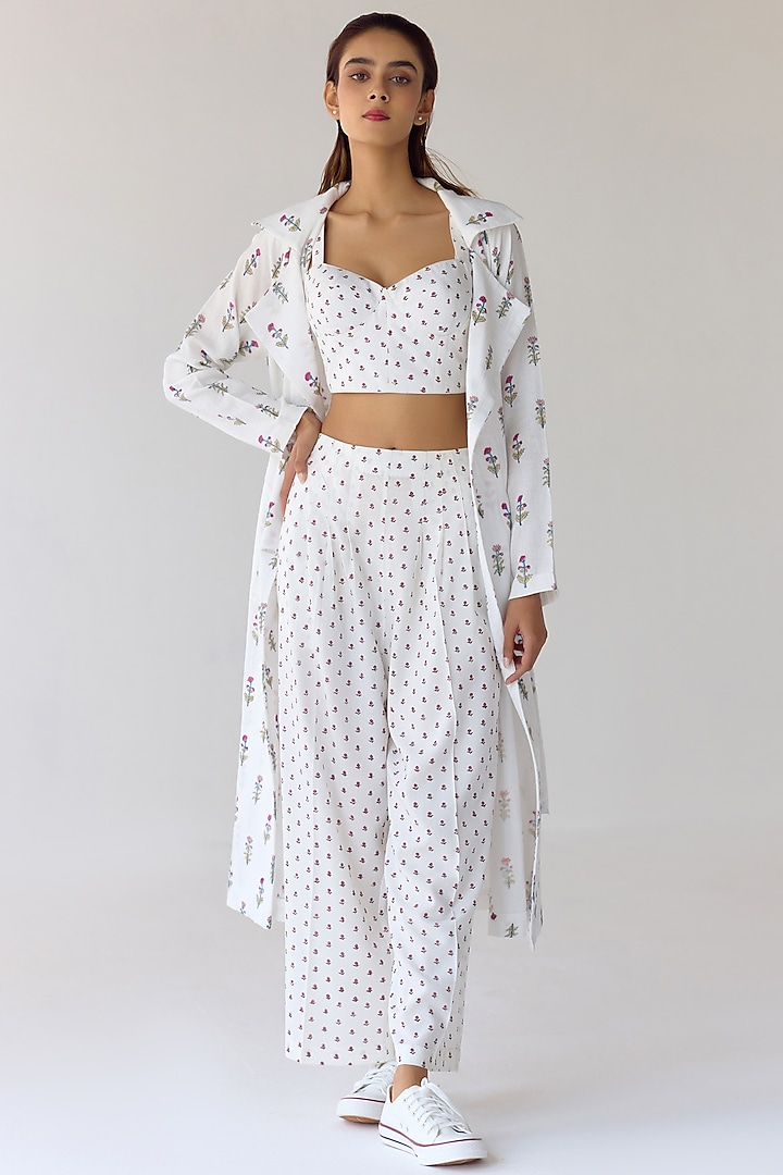 White Double Cotton Hand Block Printed Jacket Set by Cotton and Clay at Pernia's Pop Up Shop