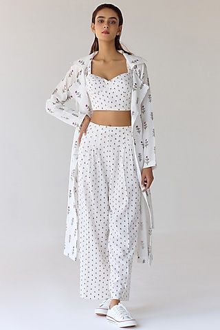 White Double Cotton Hand Block Printed Jacket Set by Cotton and Clay