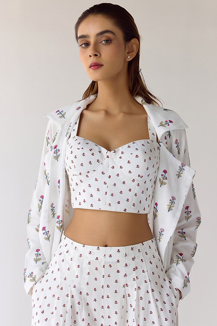 White Double Cotton Hand Block Printed Jacket Set by Cotton and Clay at Pernia's Pop Up Shop