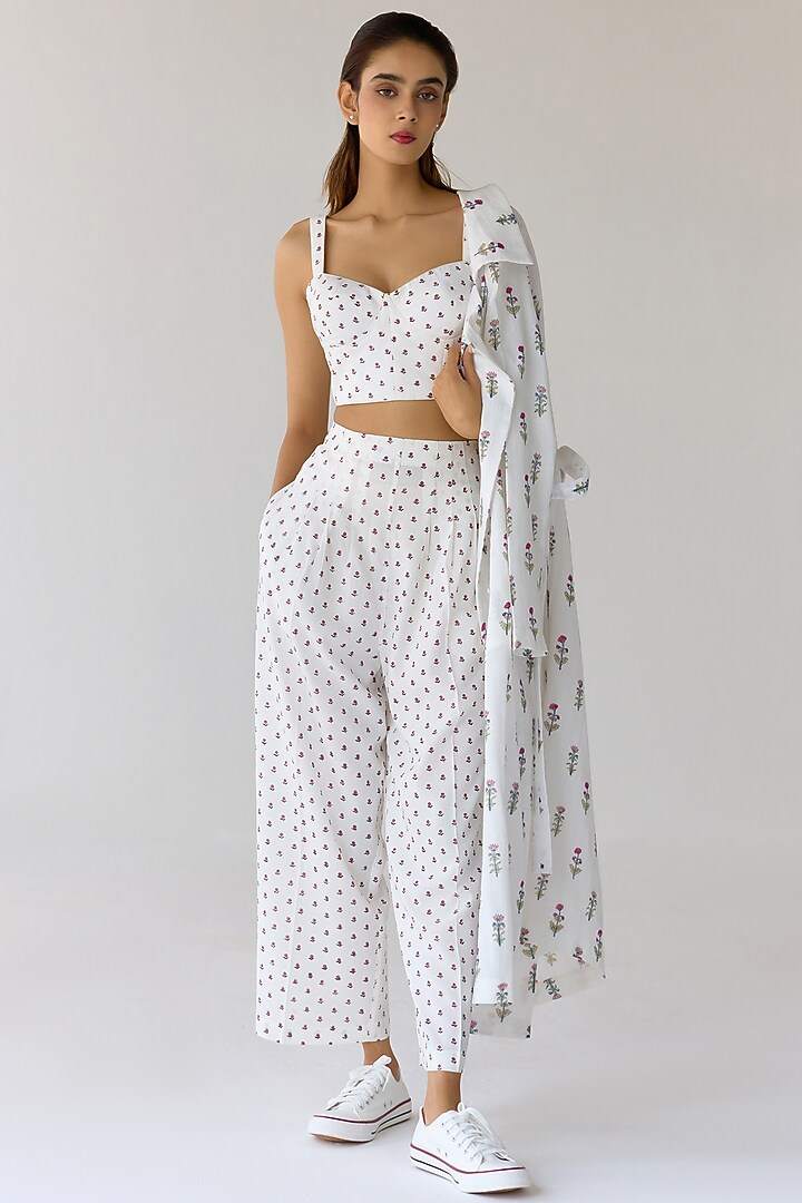 White Double Cotton Hand Block Printed Jacket Set by Cotton and Clay at Pernia's Pop Up Shop