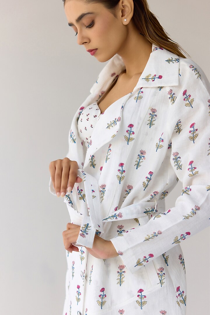 White Double Cotton Hand Block Printed Jacket Set by Cotton and Clay at Pernia's Pop Up Shop
