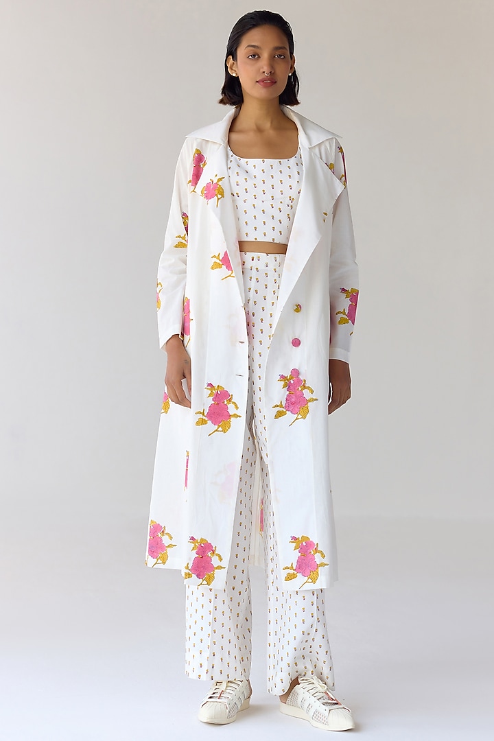 White Double Cotton Hand Block Printed Jacket Set by Cotton and Clay at Pernia's Pop Up Shop