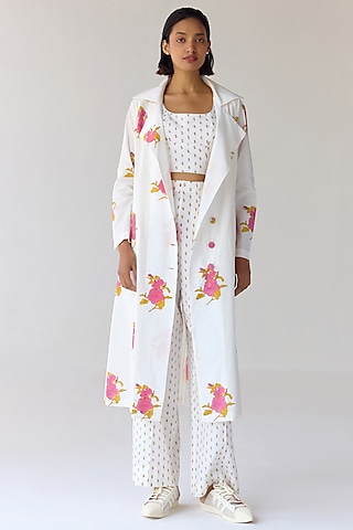 White Double Cotton Hand Block Printed Jacket Set by Cotton and Clay