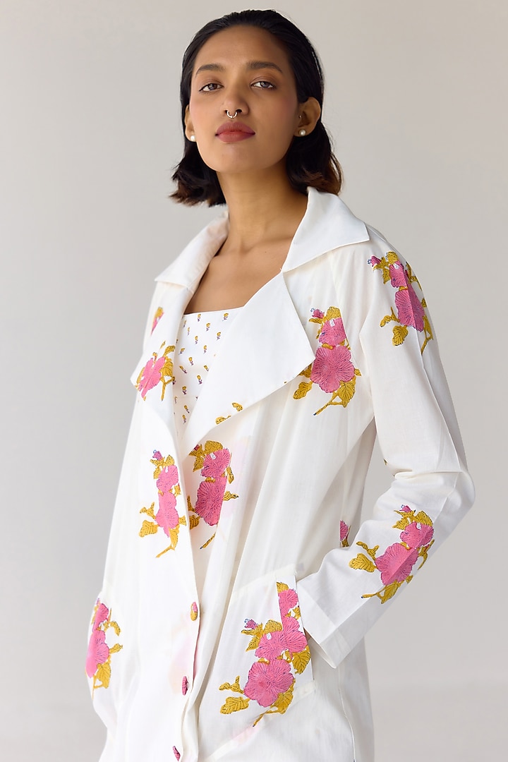 White Double Cotton Hand Block Printed Jacket Set by Cotton and Clay at Pernia's Pop Up Shop