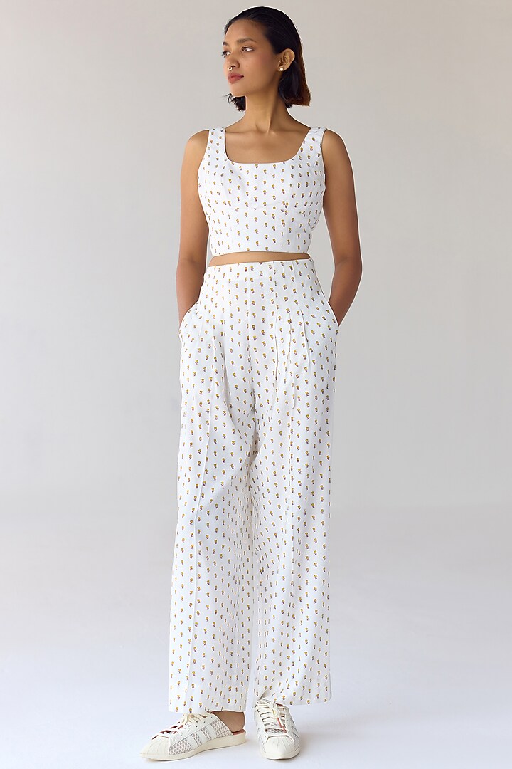 White Double Cotton Hand Block Printed Jacket Set by Cotton and Clay at Pernia's Pop Up Shop