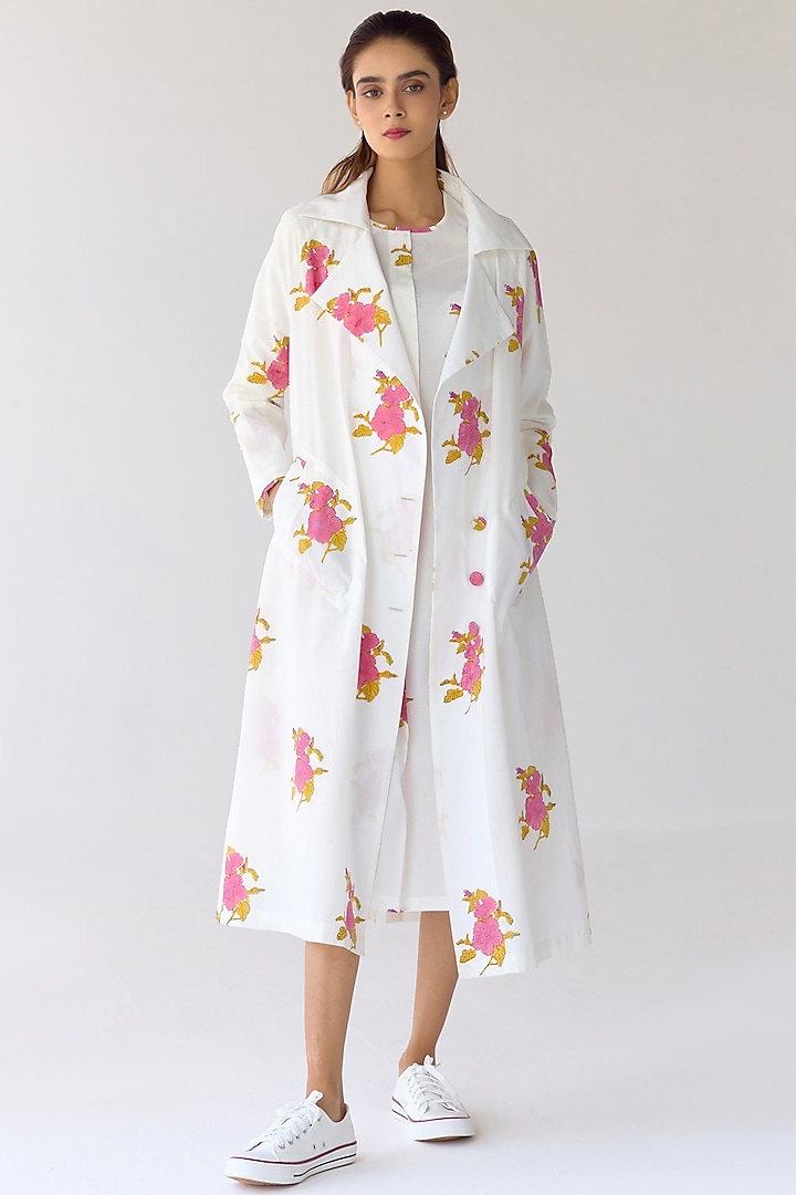 White Cotton Hand Block Printed Jacket Dress by Cotton and Clay