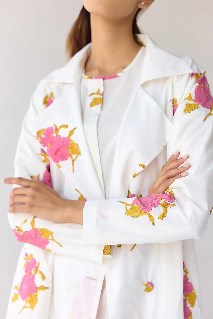 White Cotton Hand Block Printed Jacket Vacation Dress by Cotton and Clay at Pernia's Pop Up Shop